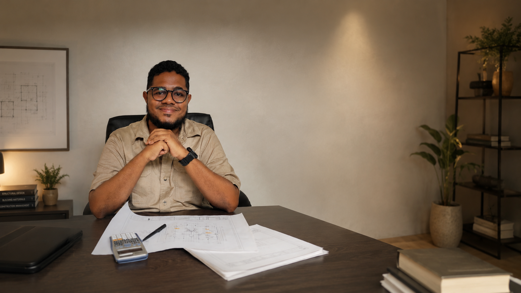Mohamed Twahir seated at a desk with structural drawings.